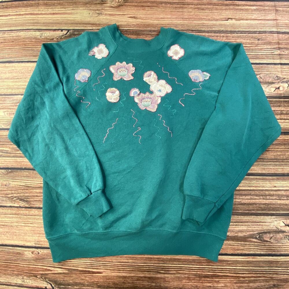 Vintage Tultex Floral Applique Embroidered Sweatshirt Teal Green Size Medium